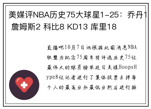 美媒评NBA历史75大球星1-25：乔丹1 詹姆斯2 科比8 KD13 库里18